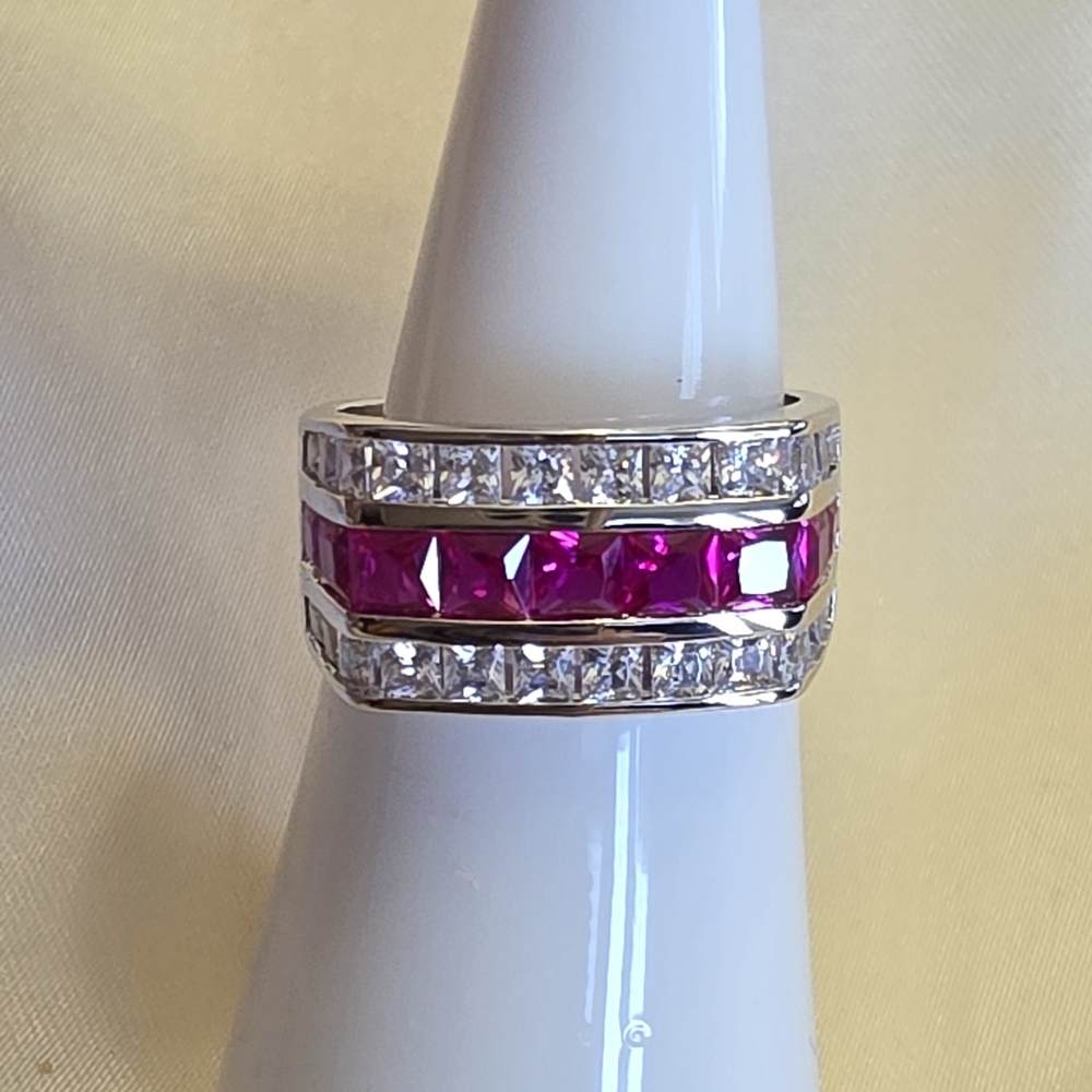 Simulated Ruby And White Diamond (Cz) Silvertone … - image 1